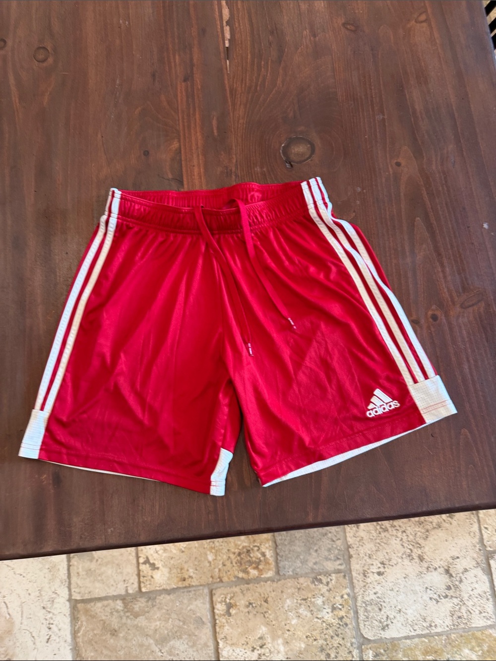 adidas Youth Red Athletic Shorts with White Stripes